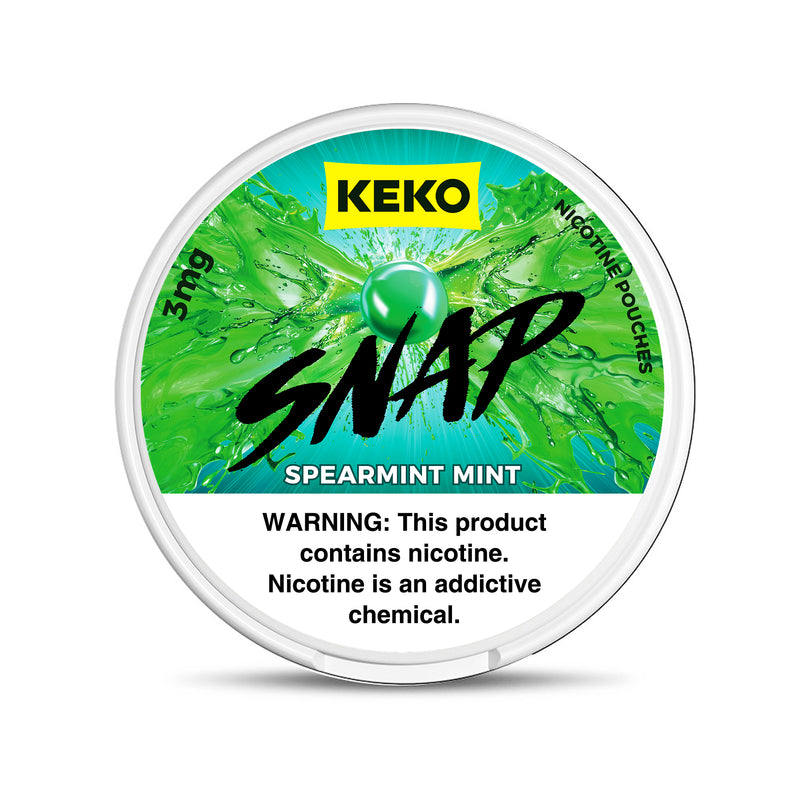 Keko SNAP Spearmint Mint nicotine pouch can - tobacco-free, available in 3mg and 6mg