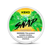 KEKO Snap Orange Ice nicotine pouches container with green and orange design on a white background