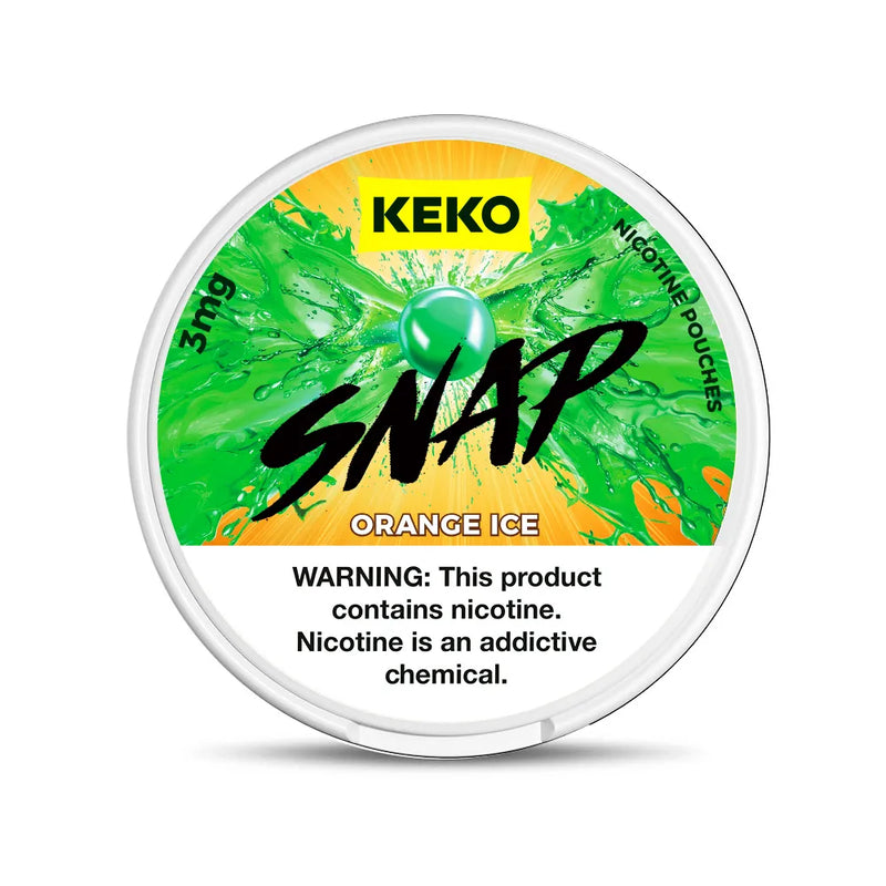 KEKO Snap Orange Ice nicotine pouches container with green and orange design on a white background