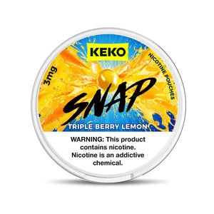Keko Snap Triple Berry Lemon nicotine pouches container with colorful design and warning label.
