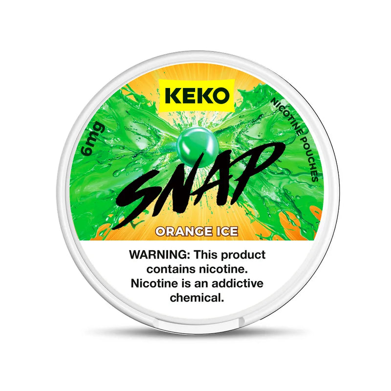 KEKO Snap Orange Ice nicotine pouches container with green and orange design on a white background