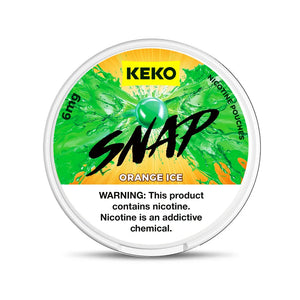 KEKO Snap Orange Ice nicotine pouches container with green and orange design on a white background
