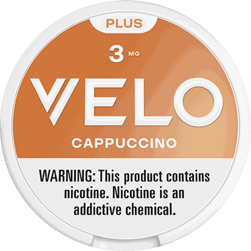 VELO Plus Cappuccino nicotine pouch can - synthetic nicotine, rich coffee flavor
