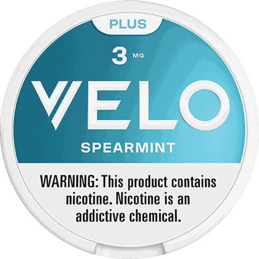VELO Plus Spearmint nicotine pouch can - synthetic nicotine, fresh mint flavor