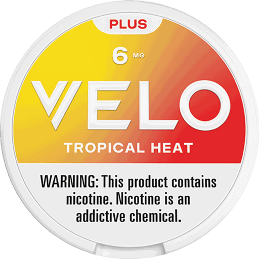 VELO Plus Tropical Heat nicotine pouch can - synthetic nicotine, spicy tropical flavor