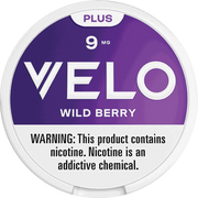Velo Wild Berry nicotine product packaging with purple and white design.