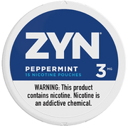 ZYN peppermint nicotine pouch container with blue and white design