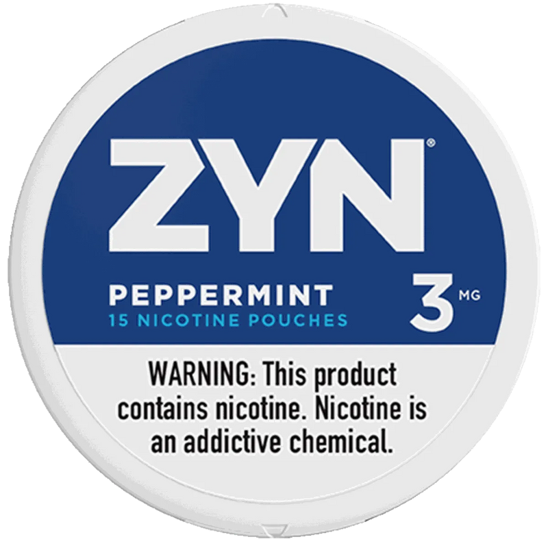 ZYN peppermint nicotine pouch container with blue and white design