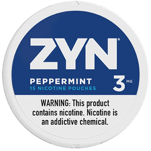 ZYN peppermint nicotine pouch container with blue and white design