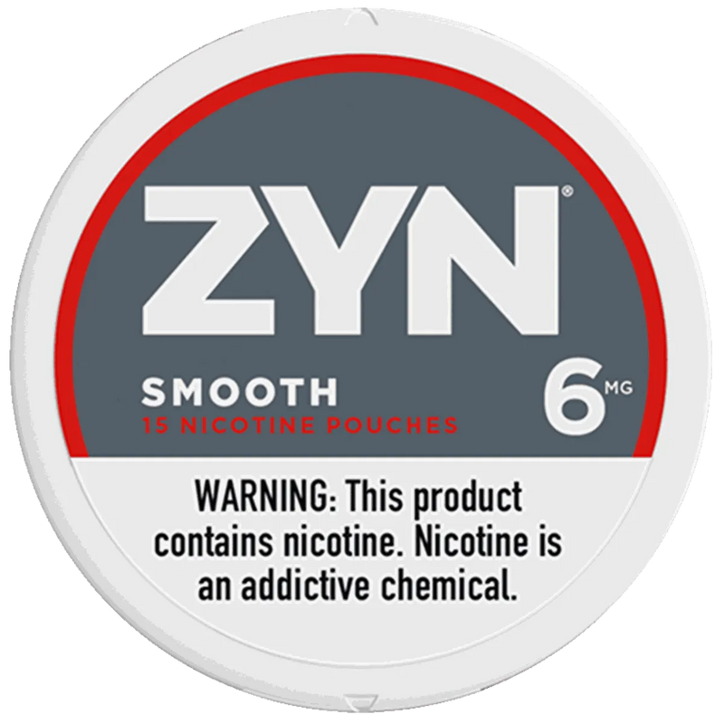 ZYN smooth nicotine pouch container with warning label on a white background