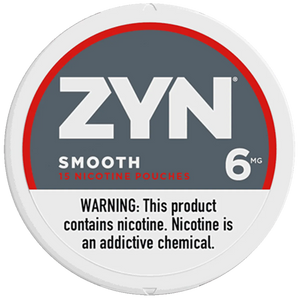 ZYN smooth nicotine pouch container with warning label on a white background